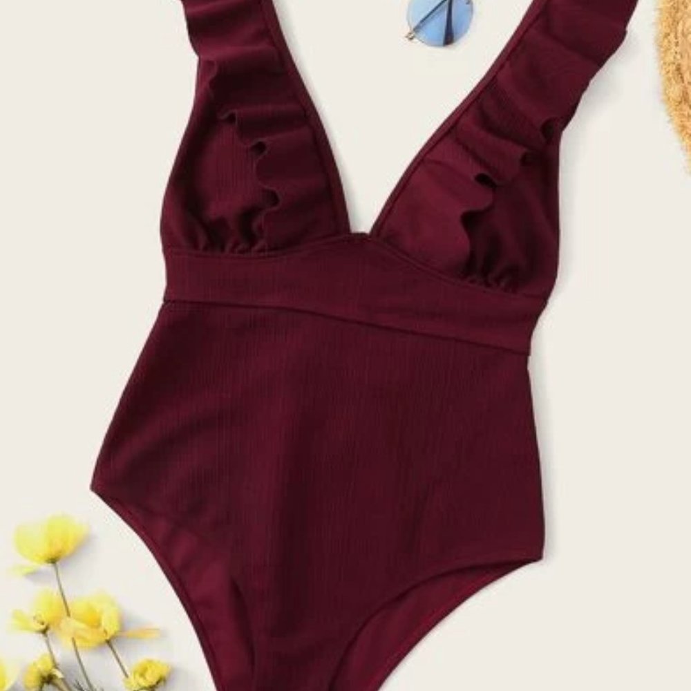 NWT ROMWE Burgundy Ruffle Swimsuit